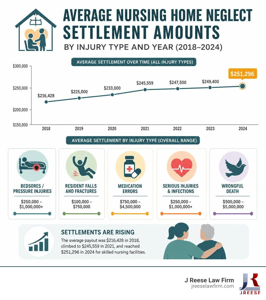Infographic showing average nursing home neglect settlement amounts by injury type and year, from 2018 to 2024 infographic