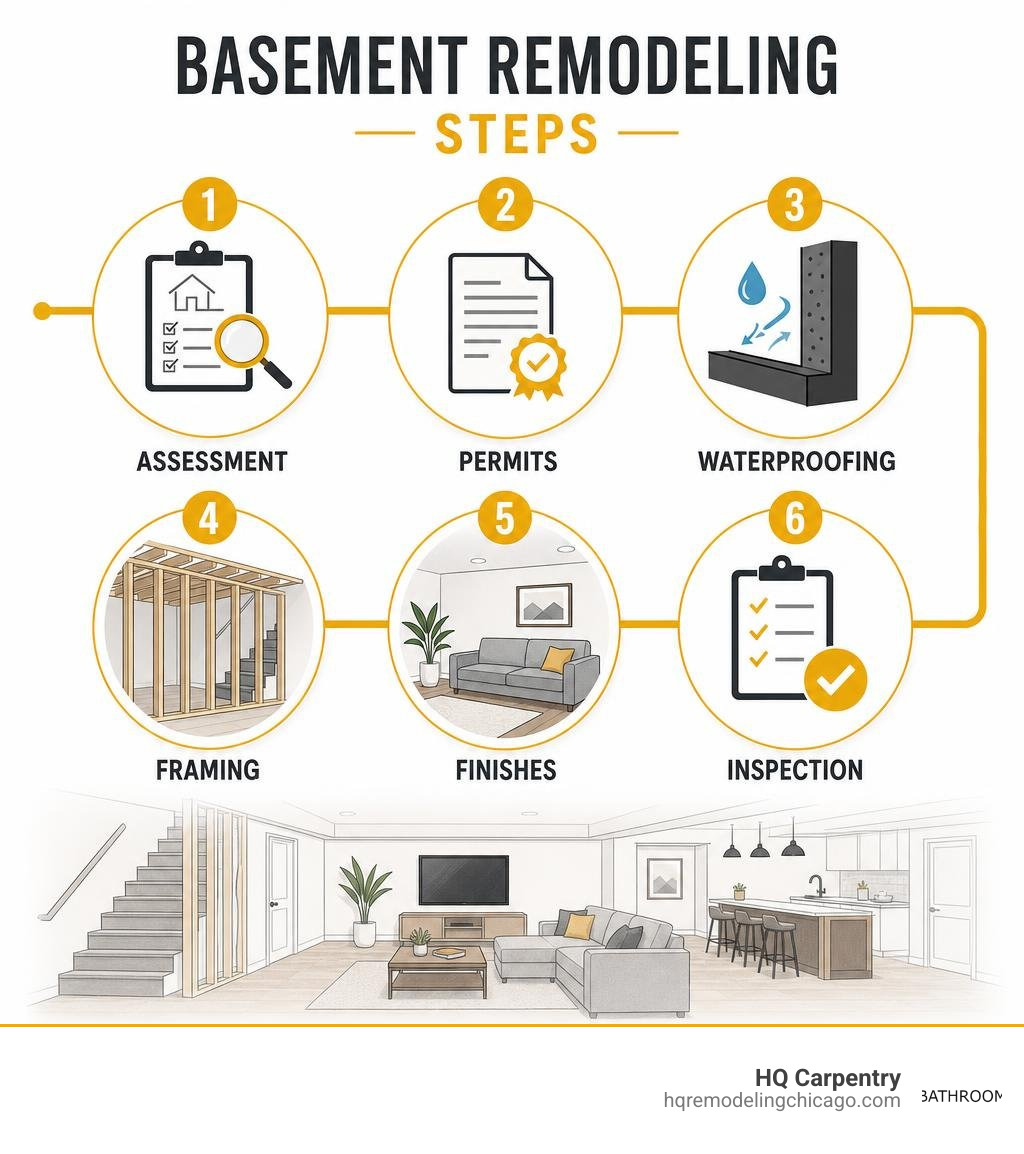 Infographic showing basement remodeling steps: assessment, permits, waterproofing, framing, finishes, inspection infographic