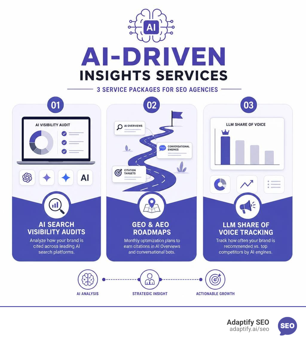 Infographic showing three AI-driven insights service packages for SEO agencies: visibility audits, GEO and AEO roadmaps, and
