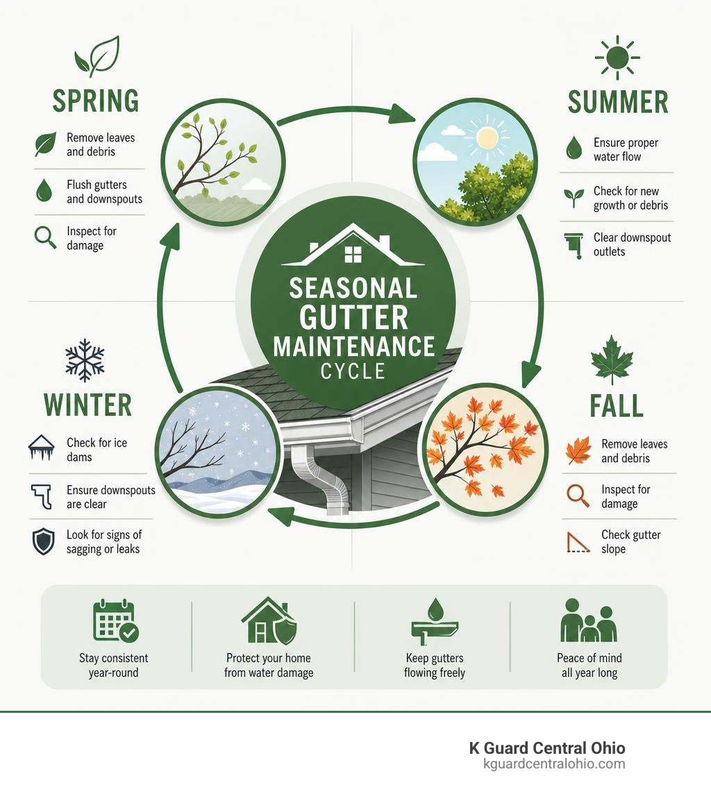 Seasonal gutter maintenance cycle infographic showing spring, summer, fall, and winter tasks infographic Seasonal gutter maintenance cycle infographic showing spring, summer, fall, and winter tasks infographic