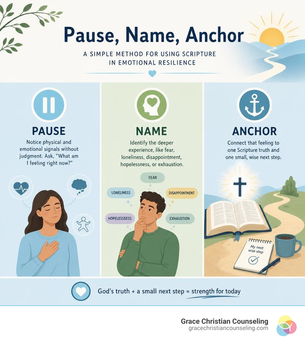 Pause name and anchor method for using Scripture in emotional resilience infographic Pause name and anchor method for using Scripture in emotional resilience infographic