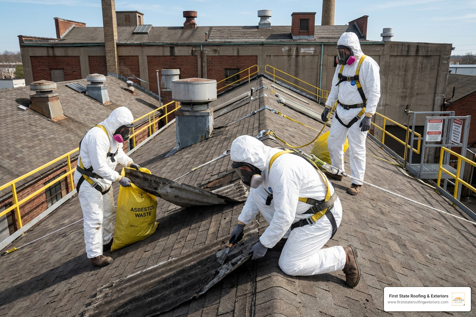 professional asbestos abatement team with OSHA safety harnesses working on roof professional asbestos abatement team with OSHA safety harnesses working on roof