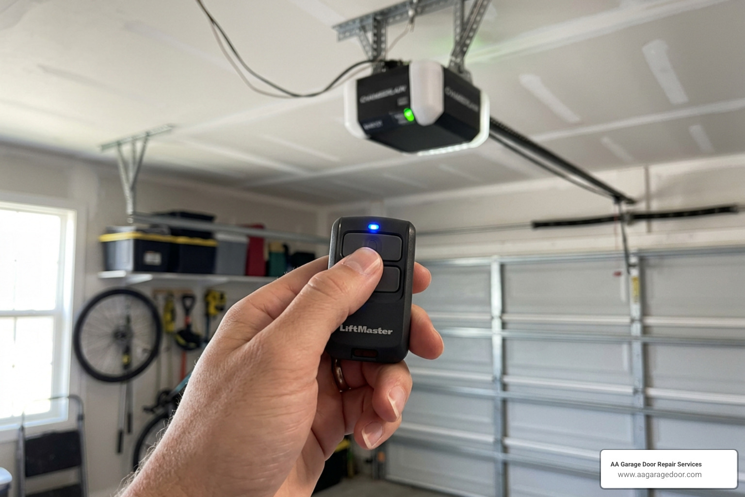 hand pressing a garage door remote button to sync with the ceiling opener hand pressing a garage door remote button to sync with the ceiling opener