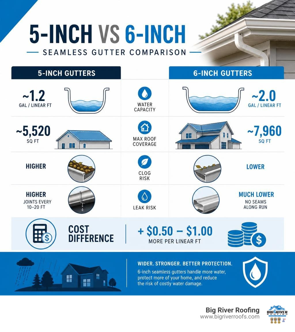Infographic comparing 5-inch vs 6-inch seamless gutter capacity, roof coverage, and cost difference infographic Infographic comparing 5-inch vs 6-inch seamless gutter capacity, roof coverage, and cost difference infographic