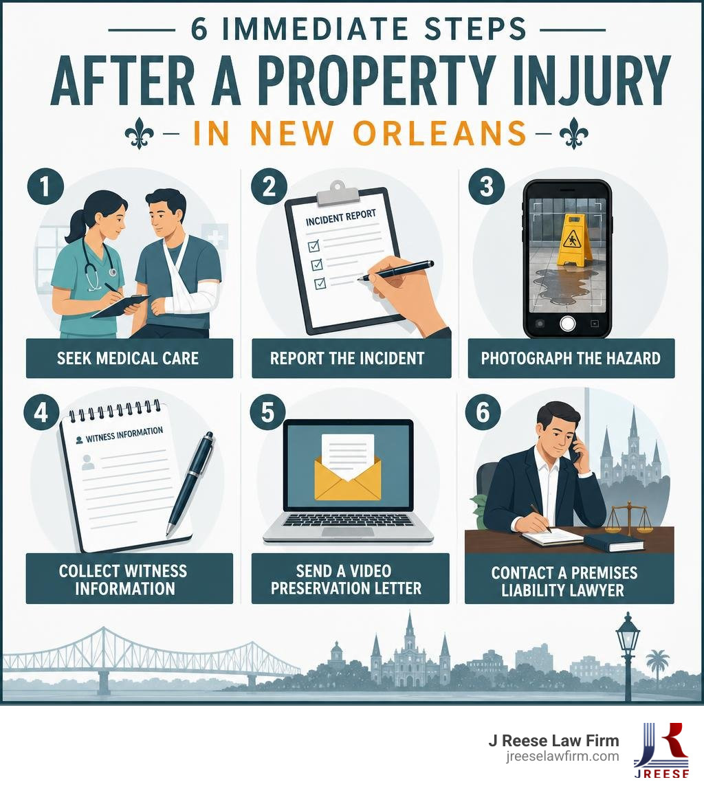 Infographic showing 6 immediate steps after a property injury in New Orleans: seek medical care, report the incident