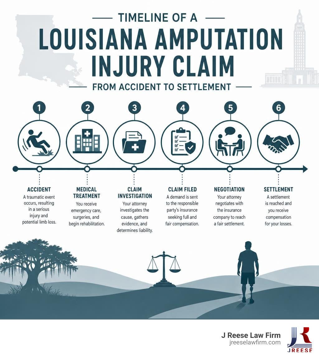 Timeline of a Louisiana amputation injury claim from accident to settlement infographic infographic