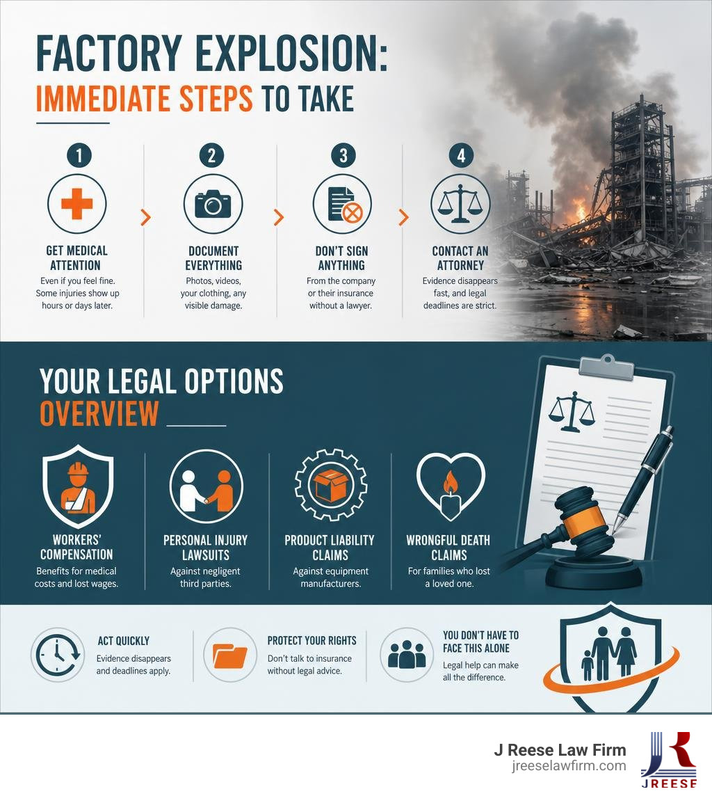 Infographic showing immediate steps after factory explosion and legal options overview infographic