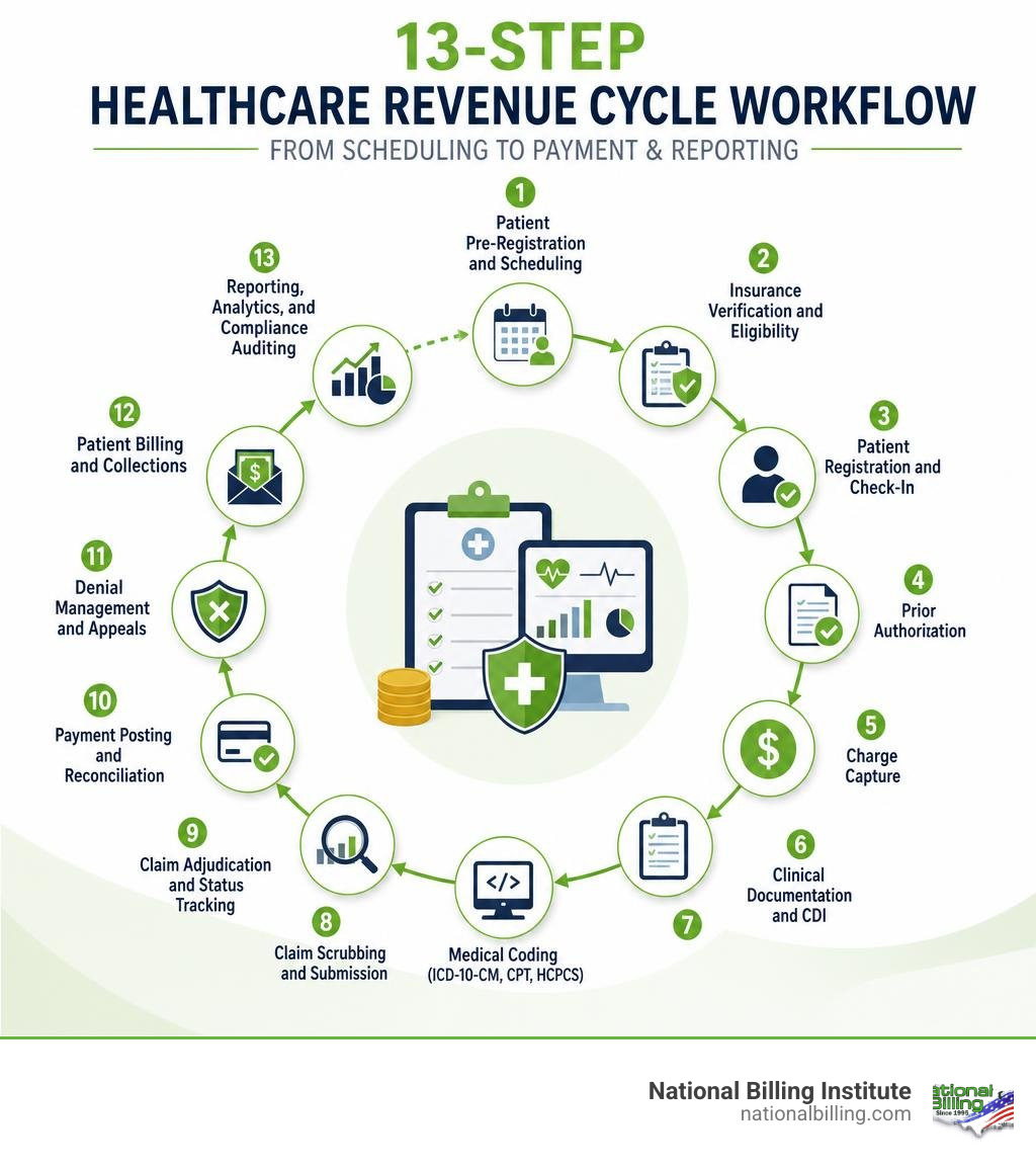 13-step healthcare revenue cycle workflow infographic from scheduling to payment and reporting infographic