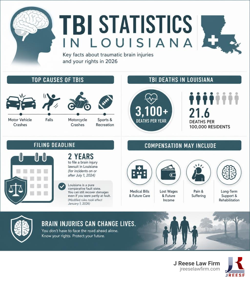 TBI statistics in Louisiana infographic showing causes, death rates, filing deadlines, and compensation types infographic