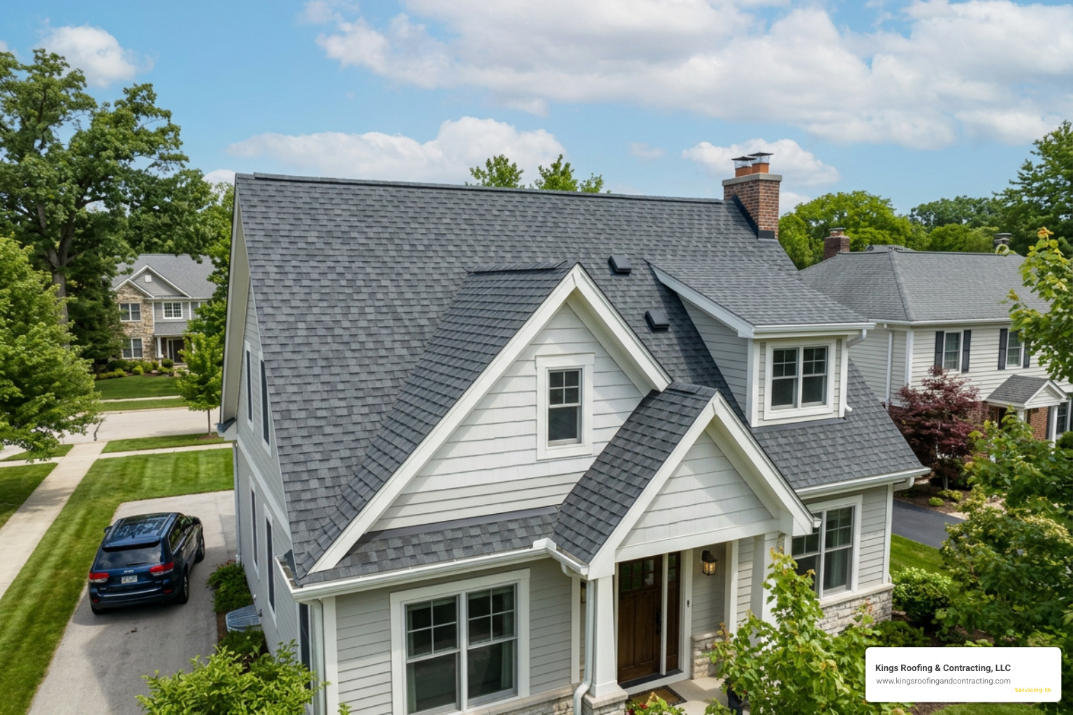 A clean and well-maintained asphalt shingle roof on a residential home