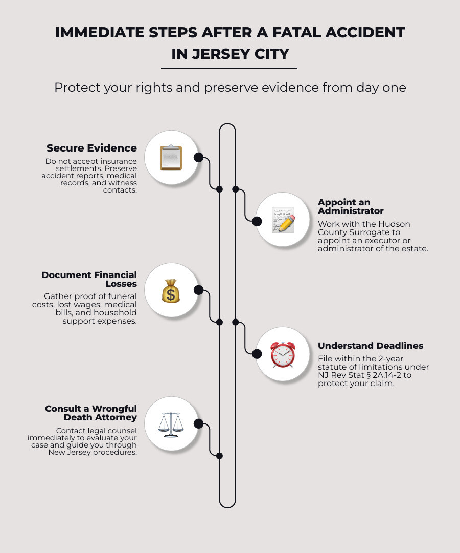 Immediate steps after a fatal accident in Jersey City: 1. Do not accept insurance settlements 2. Appoint an estate executor Immediate steps after a fatal accident in Jersey City: 1. Do not accept insurance settlements 2. Appoint an estate executor
