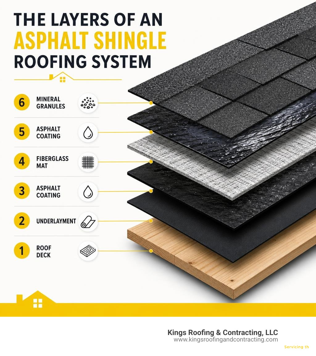 Infographic showing the layers of an asphalt shingle roofing system from deck to granule surface infographic