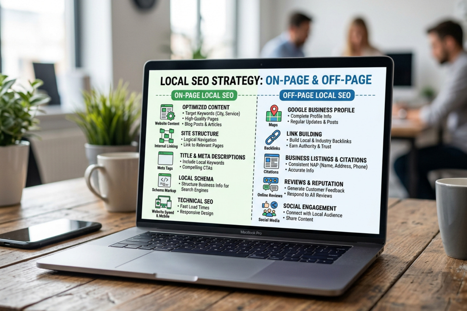 local SEO strategy diagram showing on-page and off-page signals