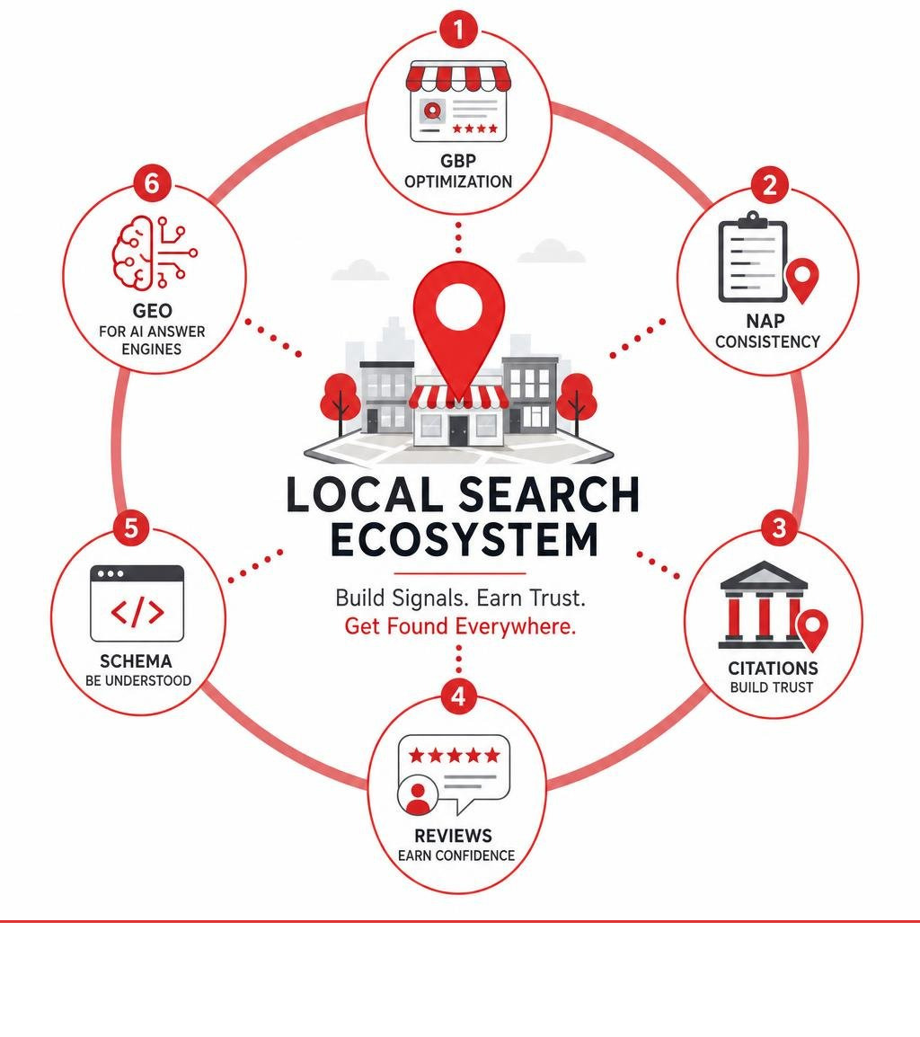 Local search ecosystem infographic: GBP optimization, NAP consistency, citations, reviews, schema, and GEO for AI answer