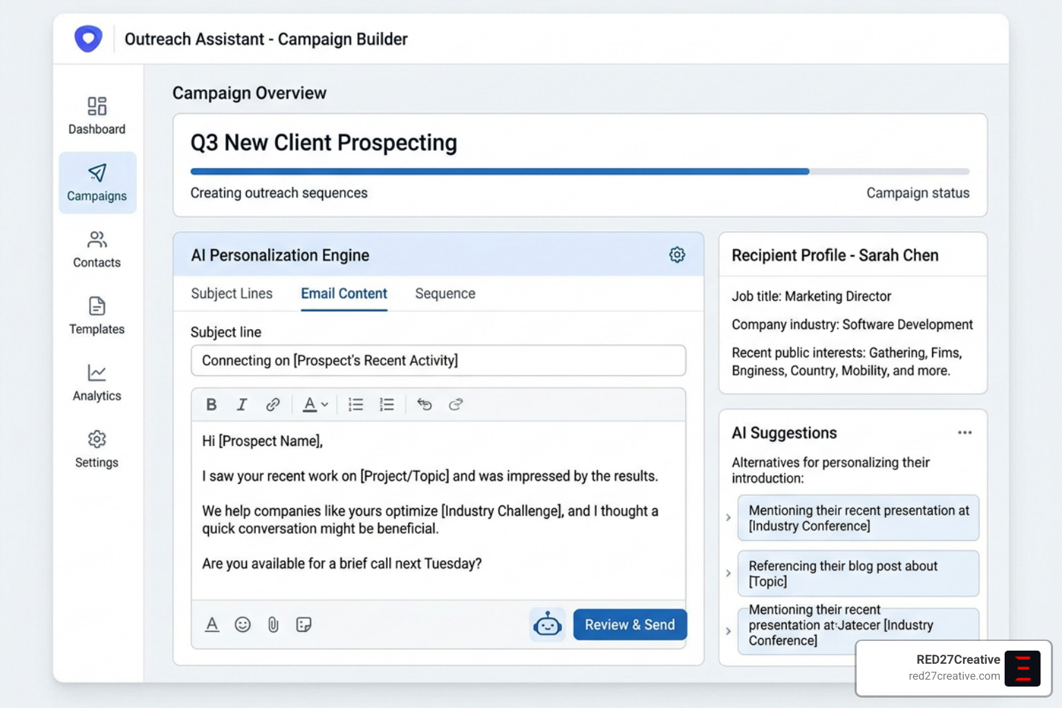 AI email assistant interface generating a personalized outreach campaign AI email assistant interface generating a personalized outreach campaign