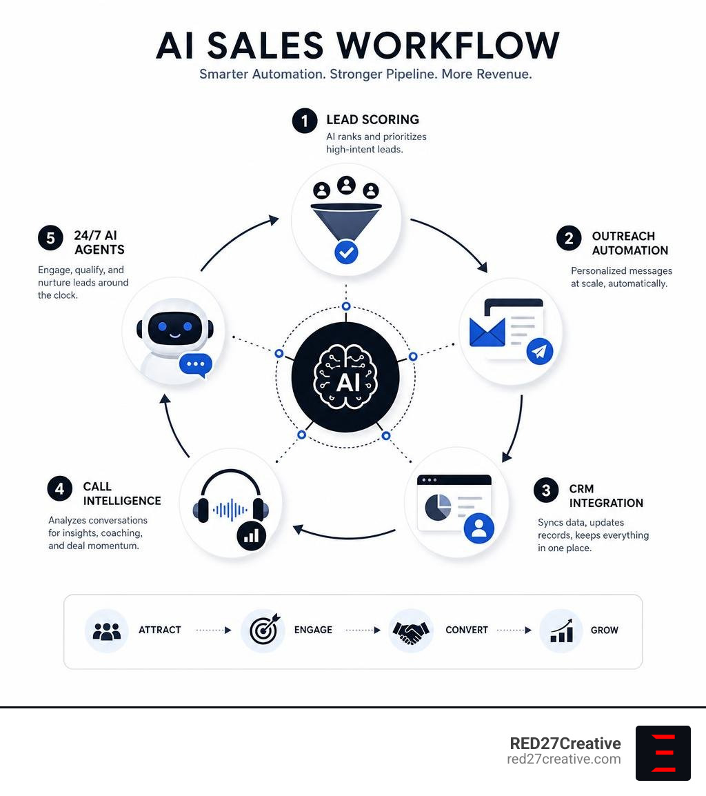 AI sales workflow infographic showing lead scoring, outreach automation, CRM integration, call intelligence, and 24/7 AI AI sales workflow infographic showing lead scoring, outreach automation, CRM integration, call intelligence, and 24/7 AI
