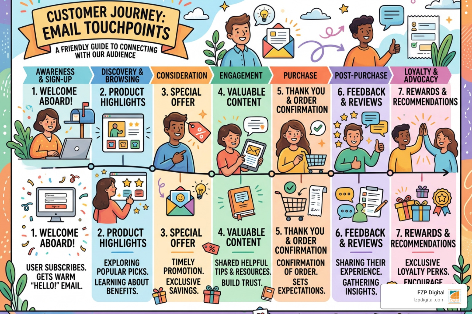A stylized customer journey map showing different email touchpoints A stylized customer journey map showing different email touchpoints