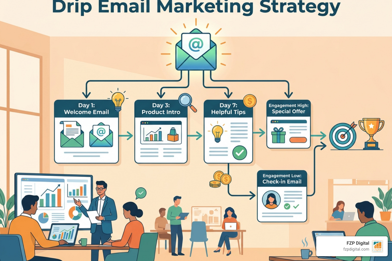 drip email marketing automated workflows header graphic with FZP Digital logo drip email marketing automated workflows header graphic with FZP Digital logo