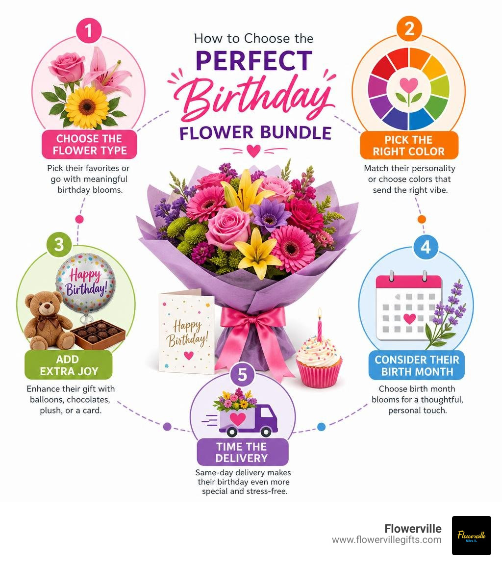 Infographic showing how to choose a birthday flower bundle: flower type, color, add-ons, birth month, delivery timing