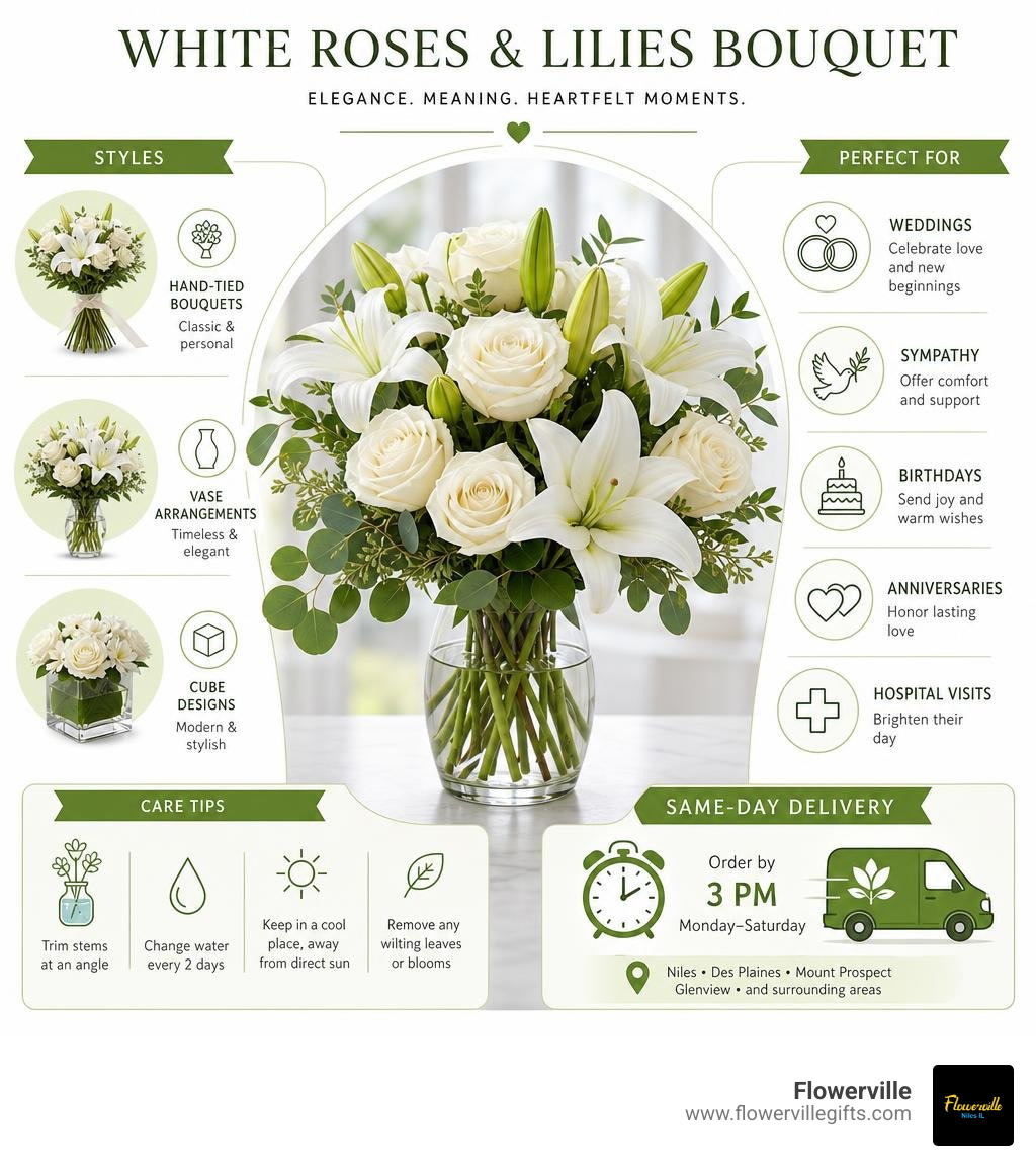 Infographic: white roses and lilies bouquet — styles, occasions, care tips, and same-day delivery infographic