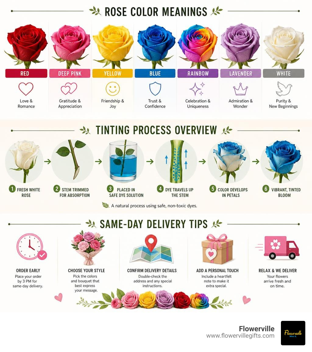 Infographic showing rose color meanings, tinting process overview, and same-day delivery tips infographic Infographic showing rose color meanings, tinting process overview, and same-day delivery tips infographic