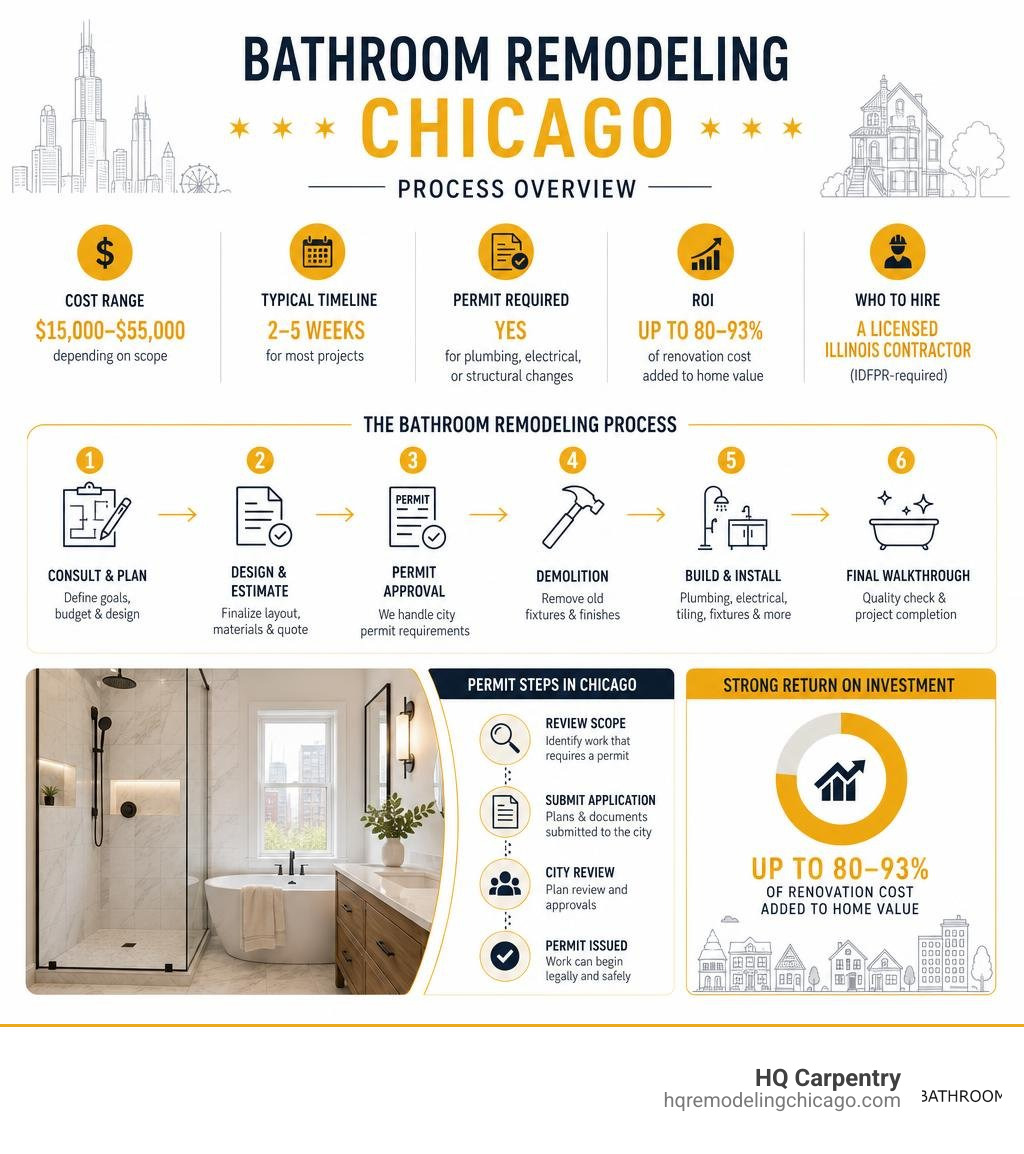 Bathroom remodeling Chicago process overview infographic with cost ranges, timeline, permit steps, and ROI infographic Bathroom remodeling Chicago process overview infographic with cost ranges, timeline, permit steps, and ROI infographic