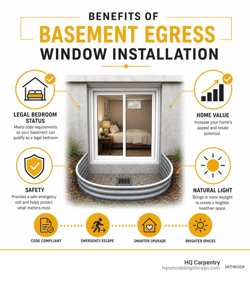 Benefits of basement egress window installation: legal bedroom status, safety, home value, and natural light infographic