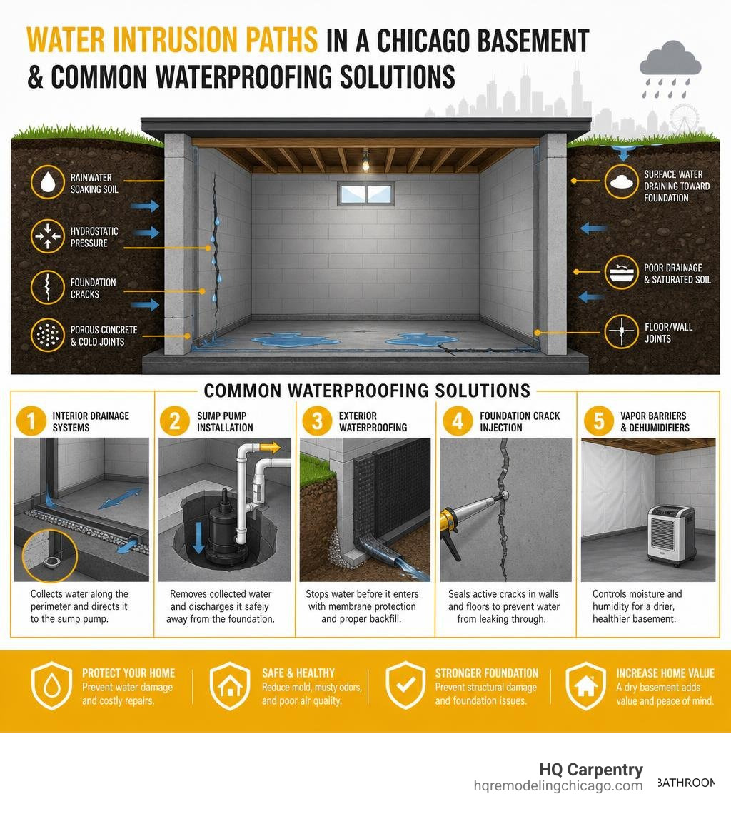 Diagram showing water intrusion paths in a Chicago basement and common waterproofing solutions infographic