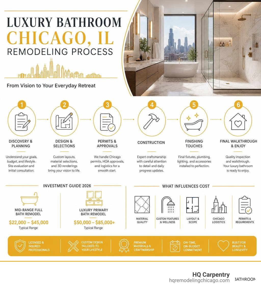 Luxury bathroom Chicago IL remodeling process infographic with cost ranges and project stages infographic