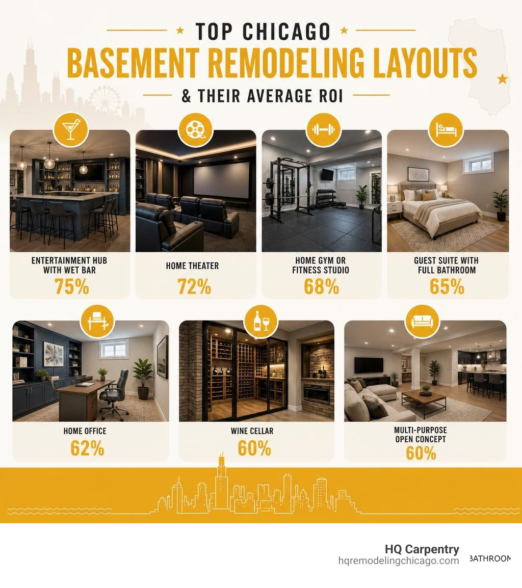 Infographic showing top Chicago basement remodeling layouts and their average ROI percentages infographic Infographic showing top Chicago basement remodeling layouts and their average ROI percentages infographic