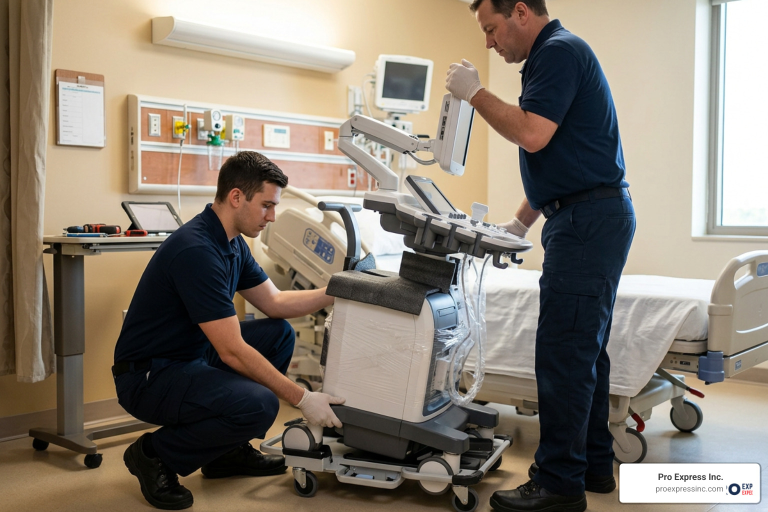 Two-man delivery team installing sensitive medical equipment with final-mile precision Two-man delivery team installing sensitive medical equipment with final-mile precision