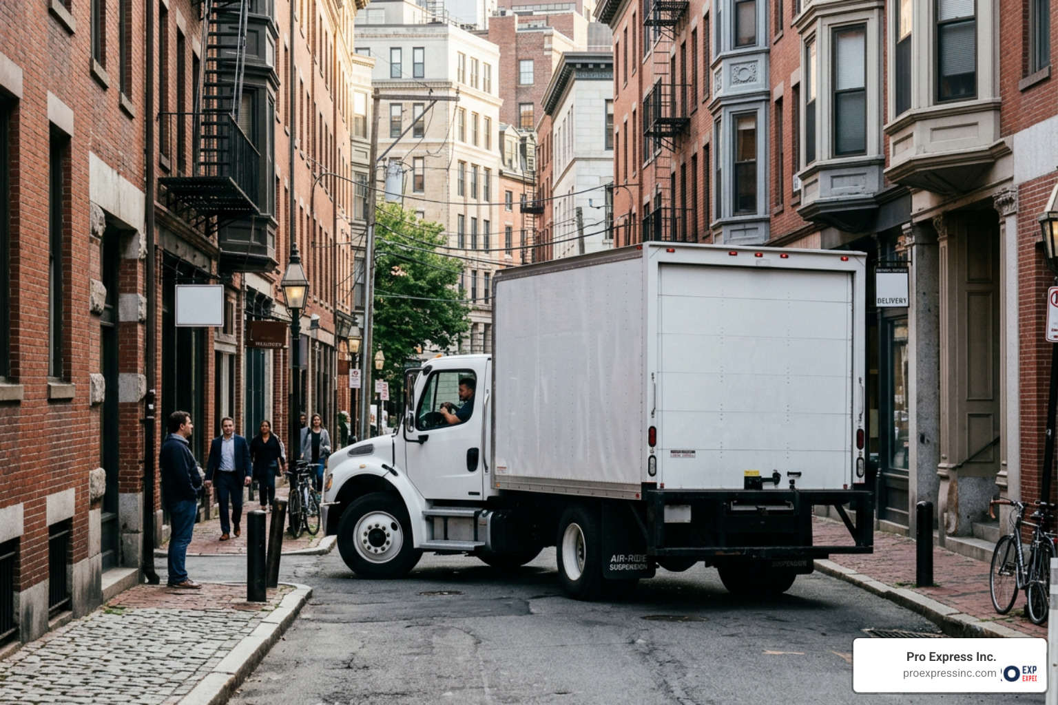 Air-ride suspension truck navigating a tight urban environment with high-value cargo Air-ride suspension truck navigating a tight urban environment with high-value cargo