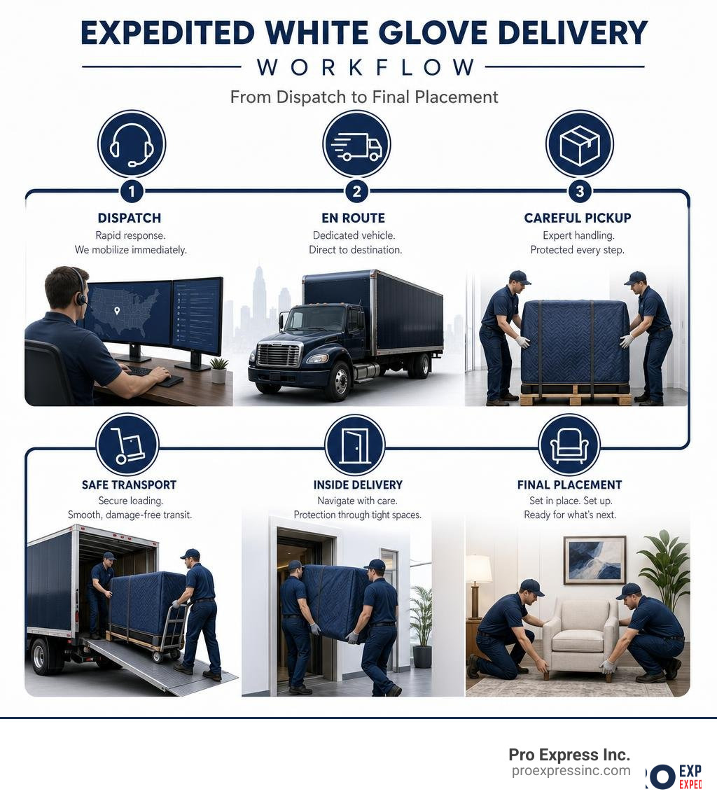 Expedited white glove delivery workflow infographic showing steps from dispatch to final placement infographic Expedited white glove delivery workflow infographic showing steps from dispatch to final placement infographic