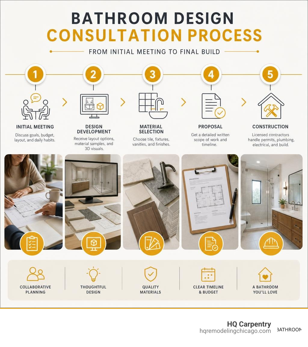Bathroom design consultation process steps from initial meeting to final build infographic infographic