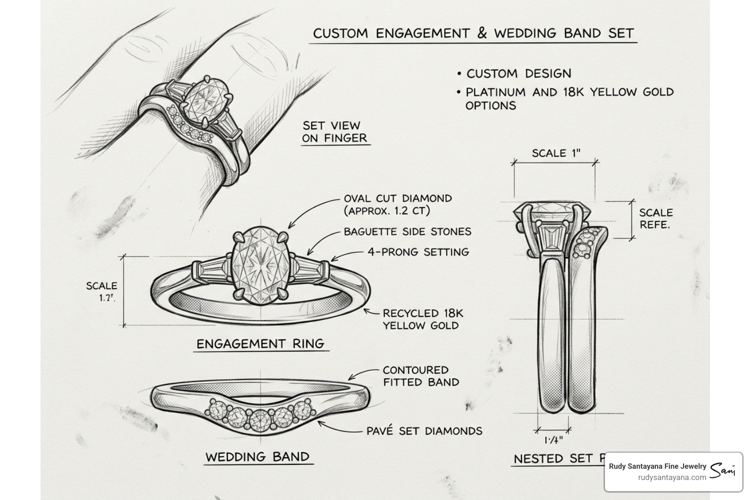 Sketched design of a matching custom engagement ring and wedding band Sketched design of a matching custom engagement ring and wedding band