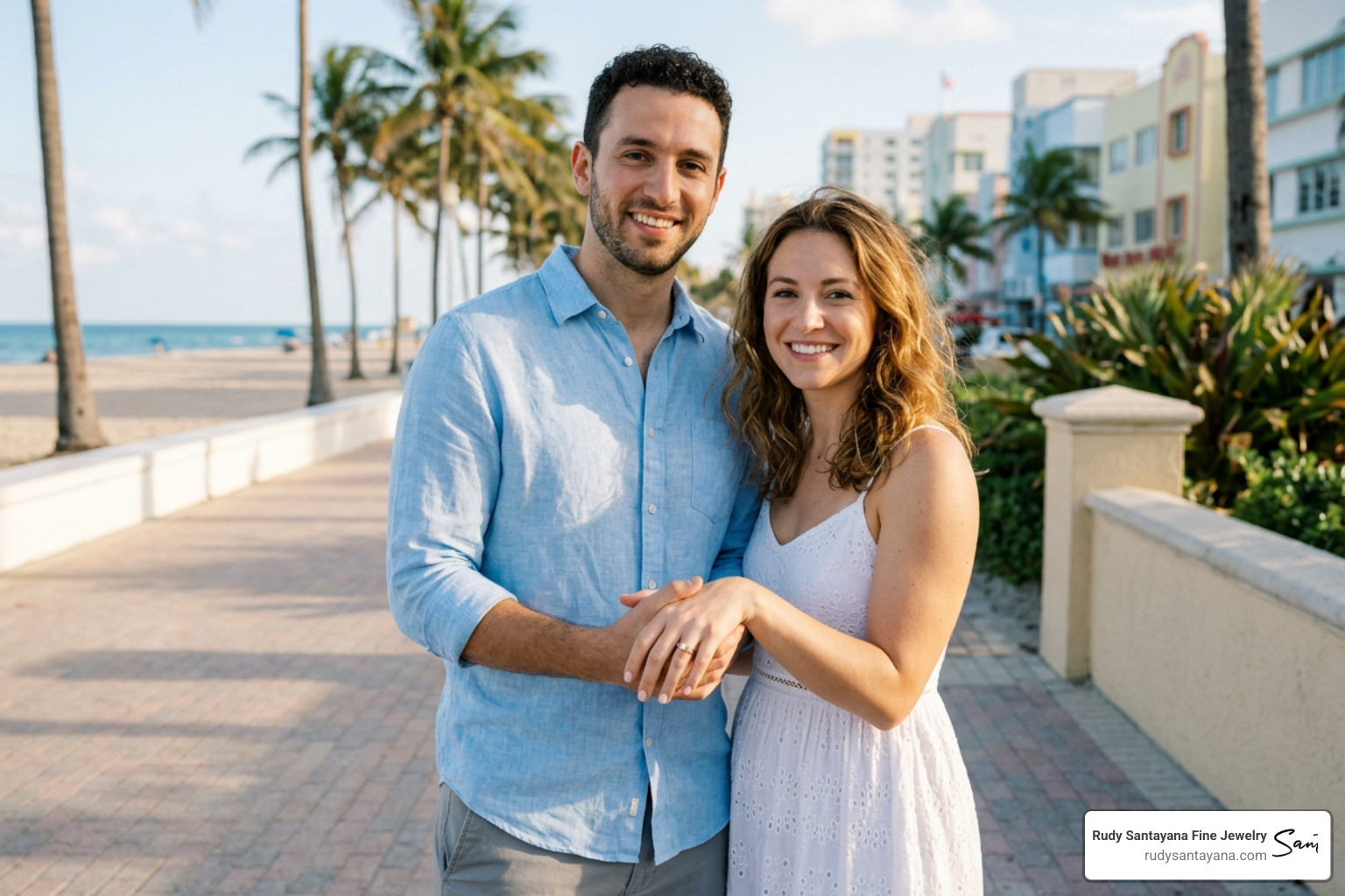 Happy couple in Miami showing off their custom matching wedding rings Happy couple in Miami showing off their custom matching wedding rings