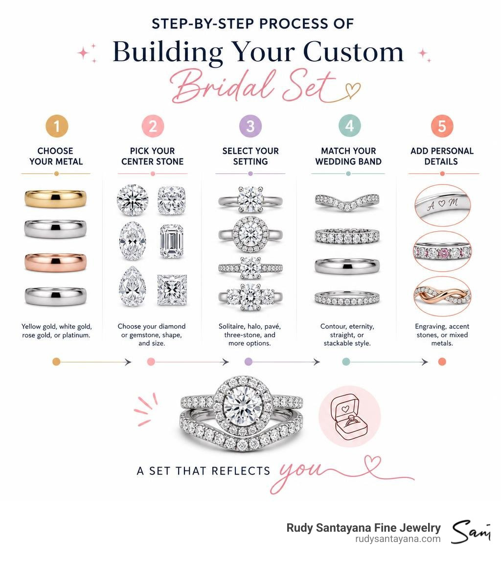 Step-by-step process of building a custom bridal set: metal, stone, setting, band, details infographic Step-by-step process of building a custom bridal set: metal, stone, setting, band, details infographic