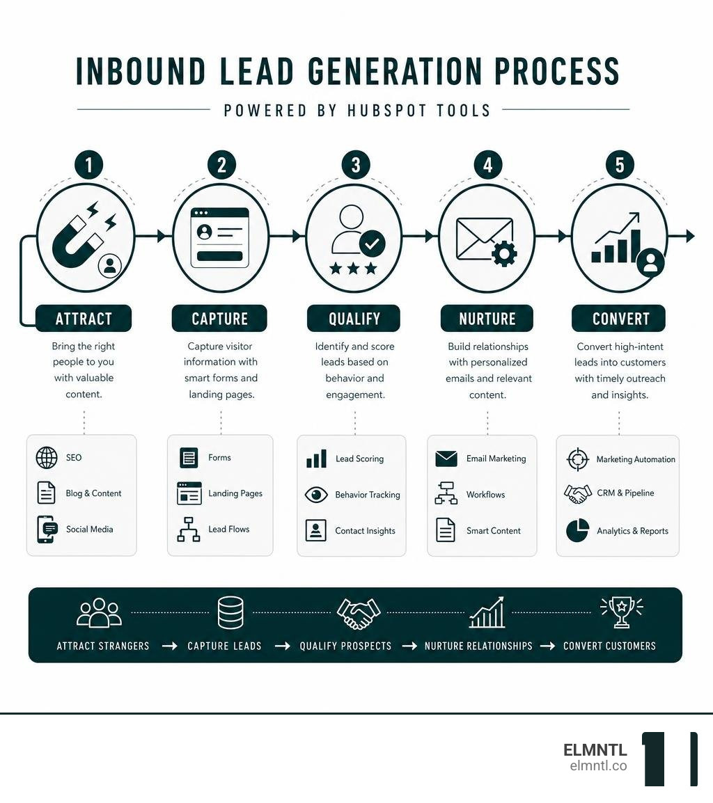 Inbound lead generation process: Attract, Capture, Qualify, Nurture, Convert with HubSpot tools infographic