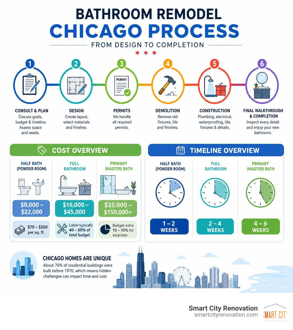 Bathroom remodel Chicago process infographic from design to completion with costs and timeline infographic