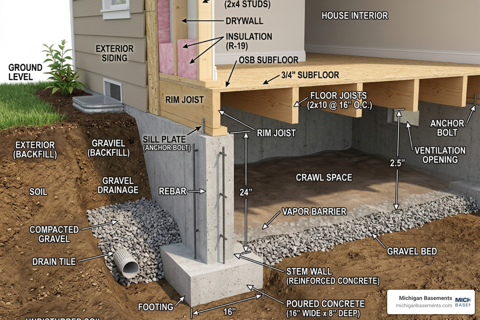 Detailed diagram of a poured concrete stem wall crawl space foundation
