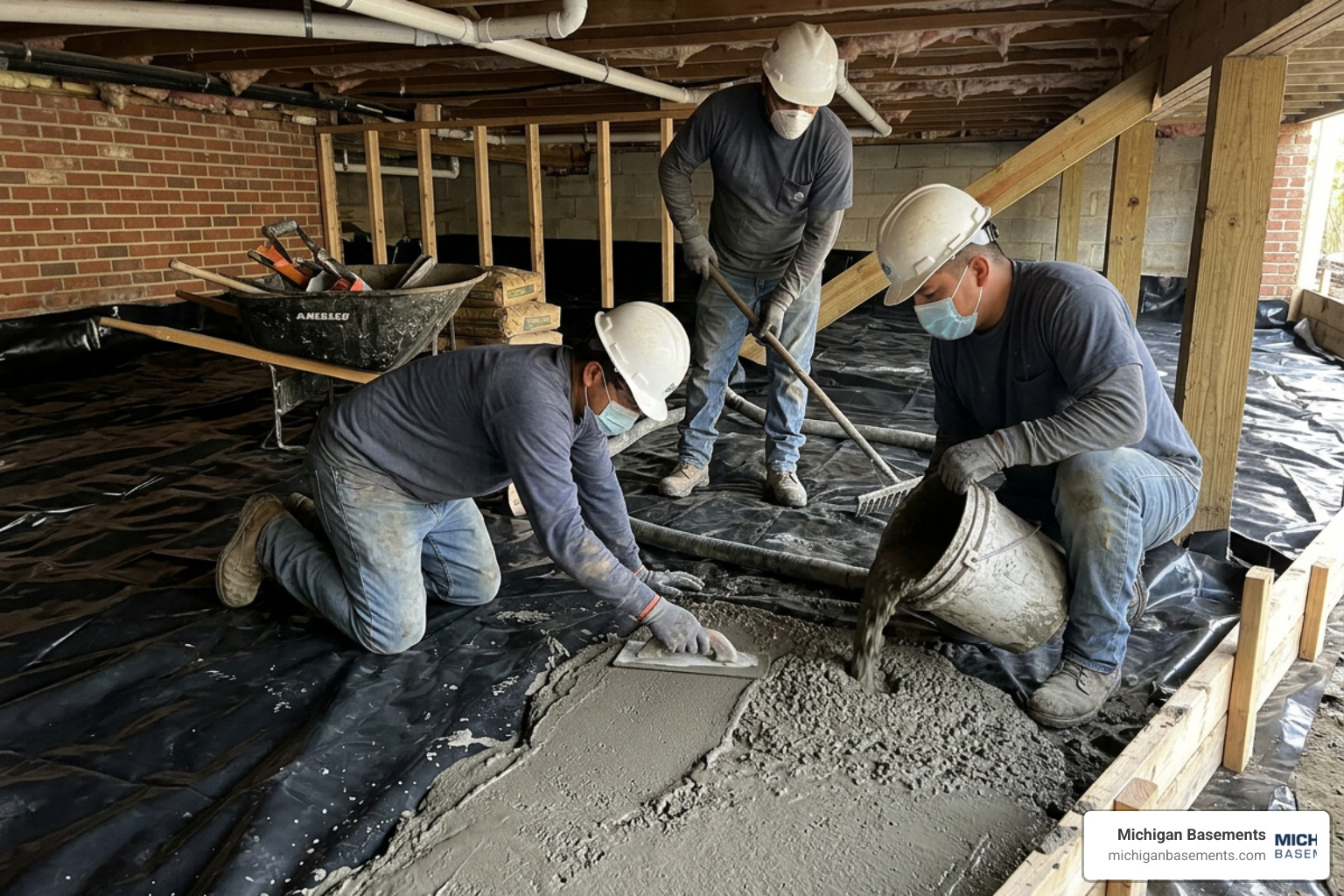 Crew pouring and smoothing a concrete rat slab over a thick polyethylene vapor barrier in a crawl space