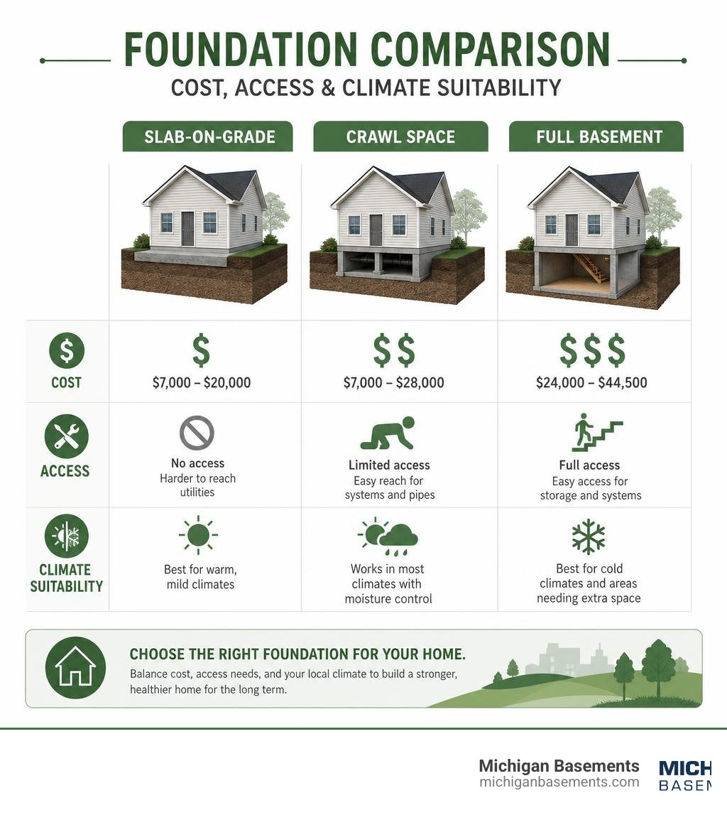 Infographic comparing slab, crawl space, and basement foundations by cost, access, and climate suitability infographic