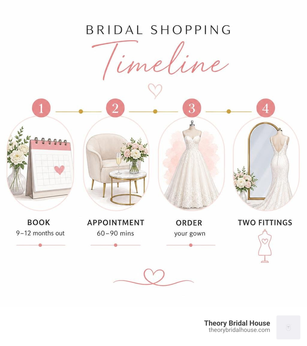 Bridal shopping timeline infographic: book 9-12 months out, appointment 60-90 mins, order gown, two fittings infographic
