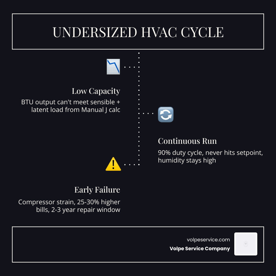 Infographic showing the cycle of an undersized HVAC system: low capacity, continuous run, high humidity, rising bills, early Infographic showing the cycle of an undersized HVAC system: low capacity, continuous run, high humidity, rising bills, early
