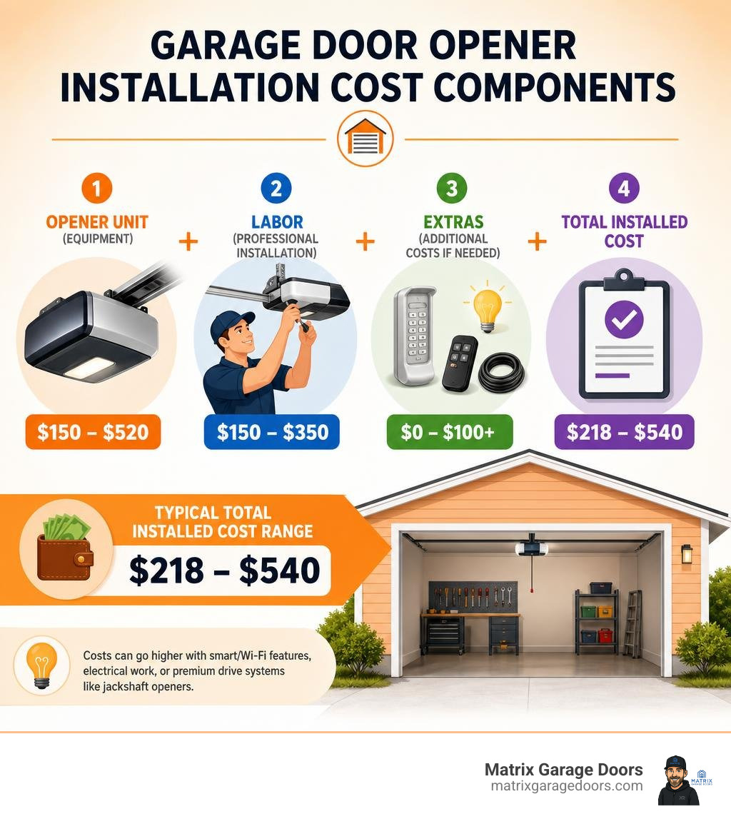 Infographic showing garage door opener installation cost components: unit cost, labor, extras, and total price range Infographic showing garage door opener installation cost components: unit cost, labor, extras, and total price range