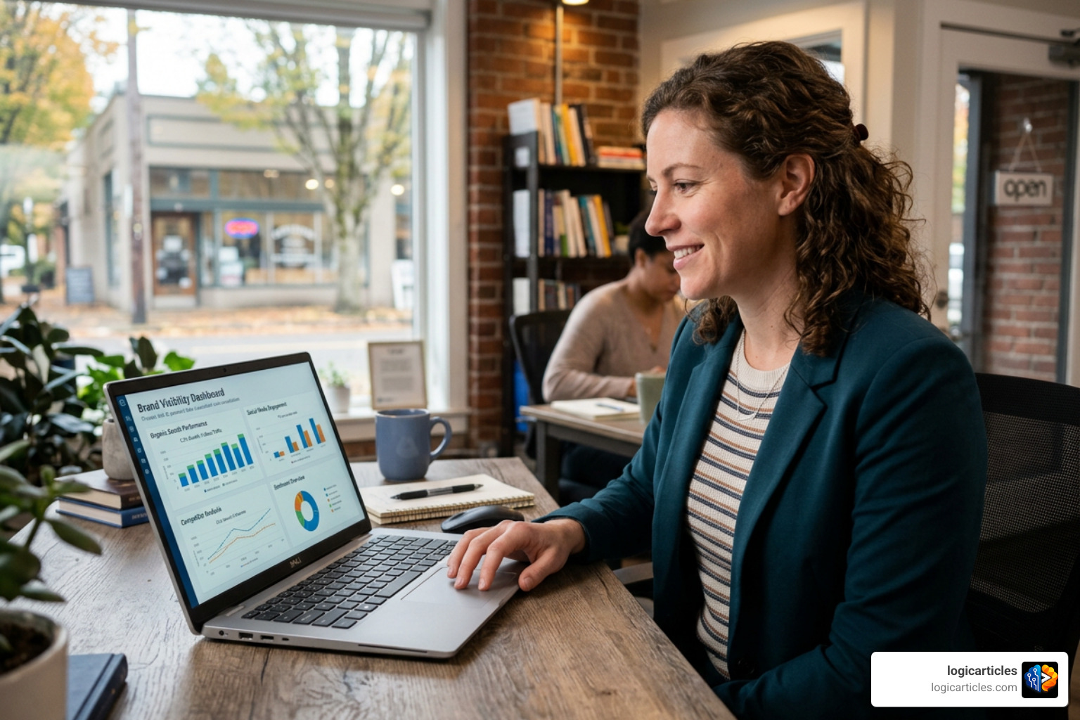 small business owner using AI tools on laptop with brand visibility dashboard small business owner using AI tools on laptop with brand visibility dashboard