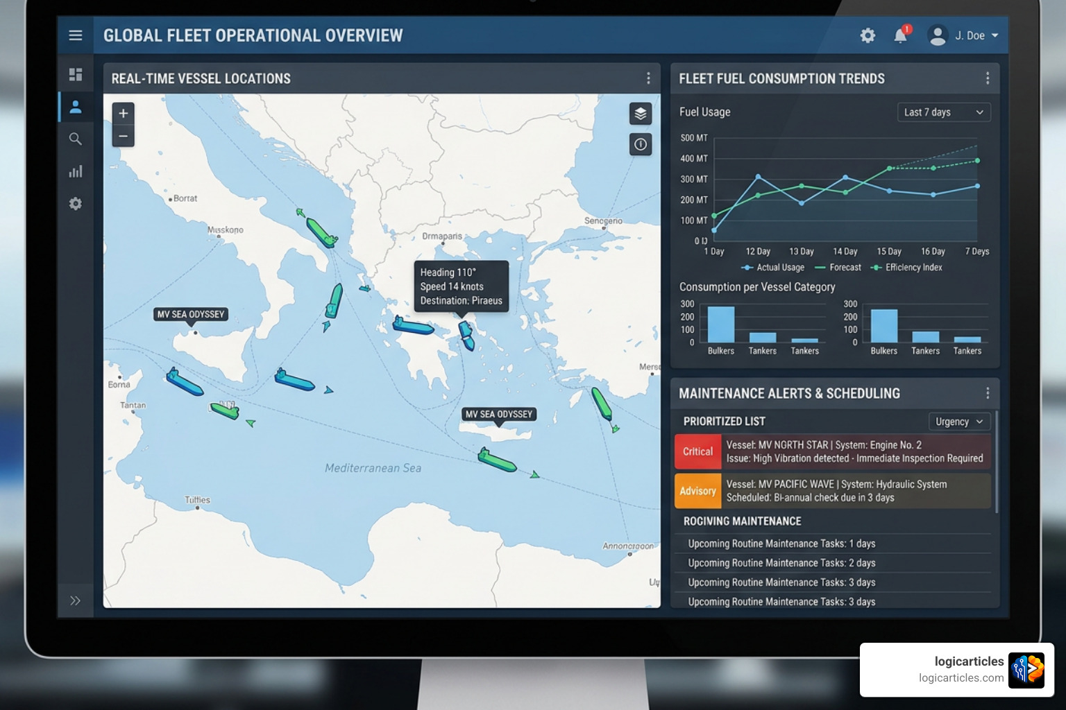 A modern fleet management dashboard displaying real-time vessel locations, fuel consumption telemetry, and maintenance alerts A modern fleet management dashboard displaying real-time vessel locations, fuel consumption telemetry, and maintenance alerts