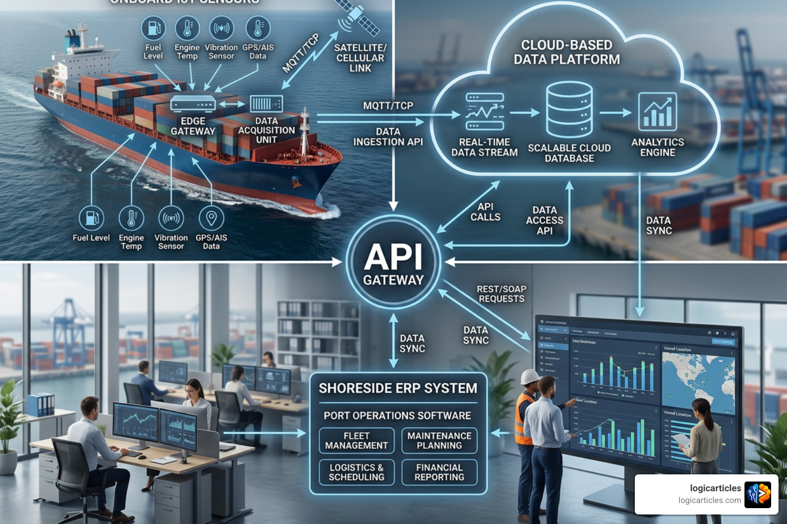 A maritime software integration architecture diagram showing API connections between onboard IoT sensors, cloud databases A maritime software integration architecture diagram showing API connections between onboard IoT sensors, cloud databases