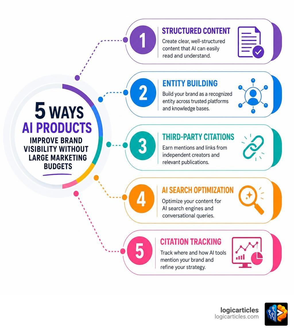 Infographic showing 5 ways AI products improve brand visibility without large marketing budgets: structured content, entity Infographic showing 5 ways AI products improve brand visibility without large marketing budgets: structured content, entity