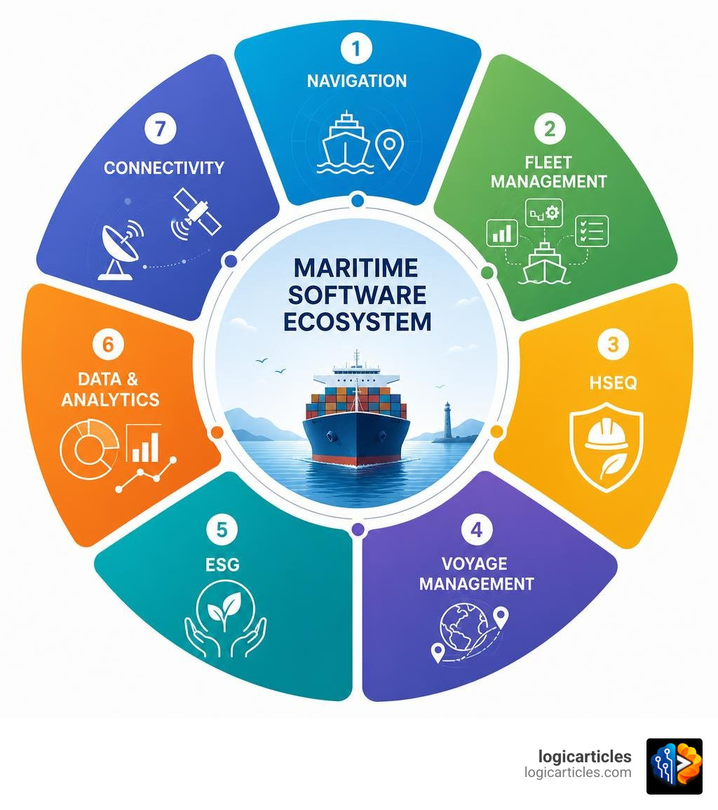 Maritime software ecosystem infographic showing seven segments: Navigation, Fleet Management, HSEQ, Voyage Management, ESG Maritime software ecosystem infographic showing seven segments: Navigation, Fleet Management, HSEQ, Voyage Management, ESG